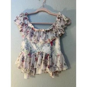 Anthropologie floral off-the-shoulder ruffled mesh top in ivory. thumbnail 6