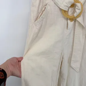 Anthropologie Cream Linen Blend Wide Leg Jumpsuit Belted‎ Button Front 6 Coastal thumbnail 4