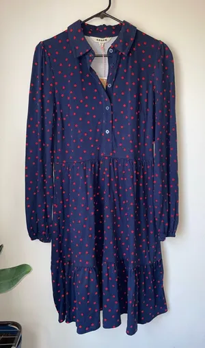 NWT Boden Navy Long-Sleeve Shirt Dress with Red Dot Print thumbnail 1
