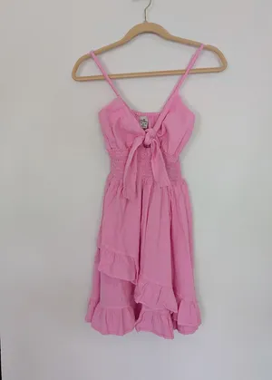 Hot Pink Barbie Bubble Gum Pink Tie Front Ruffle Cotton Dress Size M/L NWT thumbnail 5