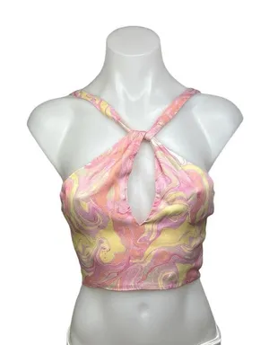 Zara Pink Yellow Satin Marble Tie Dye Open Tie Back Brami Cropped Tank Top Sz S thumbnail 1