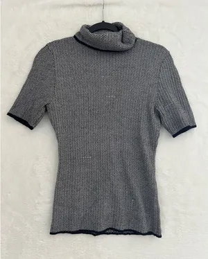 White House Black Market Chevron Knit Turtleneck Short Sleeve Top Black White S‎ thumbnail 1