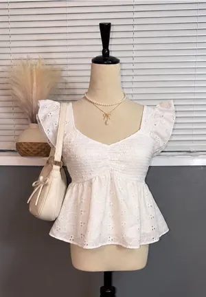 White Eyelet Smocked Peplum Blouse with Flutter Sleeves thumbnail 1