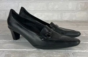 ECCO Loafer Pumps Women 7.5 38 Black Leather Pointed Toe Block Heel Strap Office thumbnail 1