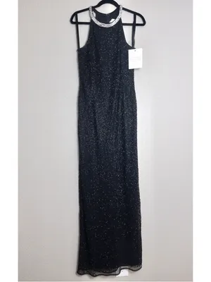 NWT Mac Duggal Beaded Sleeveless High Neck Column Gown 10 Black Maxi Dress 93742 thumbnail 3