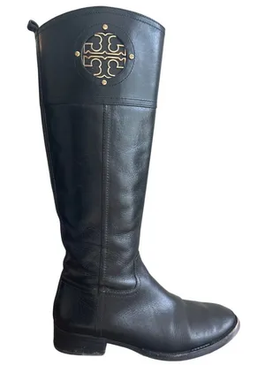 Tory Burch Kiernan Black Leather Riding Boots Gold Logo Knee High 7 thumbnail 1