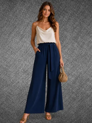 Papaya Navy Blue High Waist Wide Leg Tie Waist Pants thumbnail 2