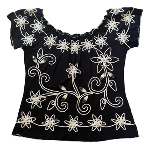 Vintage‎ 80s Style Black Silver Floral Soutache Embroidery Short Sleeve Blouse thumbnail 2
