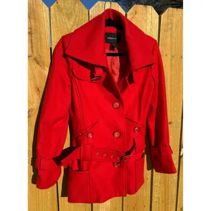 Red Wool Blend‎ Belted Peacoat Jacket with Wide Collar and Oversized Buttons S thumbnail 9