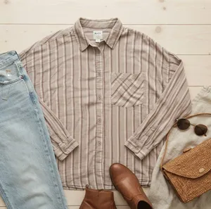 RVCA Womens Tan Striped Gauze Button Down Shirt Oversized Long Sleeve Large thumbnail 1