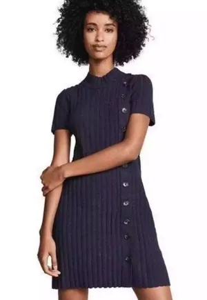 Free People Lottie short sleeve mock neck fit flare navy sweater dress L casual thumbnail 1