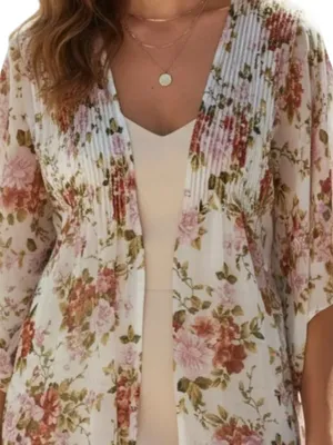 American Eagle Ivory Floral Kimono Duster M Boho Cottagecore Flutter Sleeve thumbnail 7