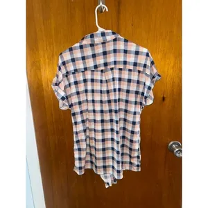 Love Potion Women Plaid Button Down Shirt Peach Navy Blue Short Sleeve SZ M (C) thumbnail 2