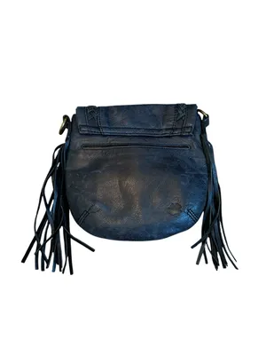 Lucky Brand Vintage Fossil Blue Leather Mini Bag Tassle Fringe Trim Y2K Boho Hippie Indie thumbnail 6