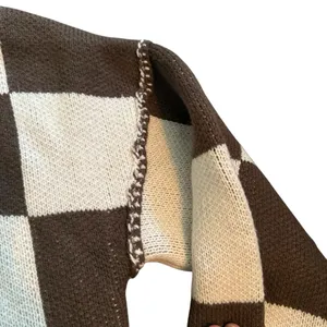 Checker Print Crewneck Sweater Brown‎ Cream Checkerboard Fall Neutral Size S thumbnail 4