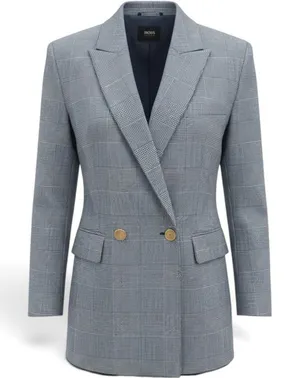 BOSS Blazer Womens 14 Glen Plaid Double Breasted Gray Gold Button EUC thumbnail 1