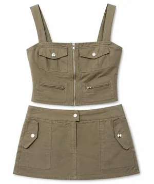 White Fox Olive Green Utility Cargo Corset Crop Top Mini Skirt Set M thumbnail 1
