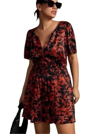 Anthropologie Somerset Black Rust Floral Satin Romper V Neck XLP thumbnail 1