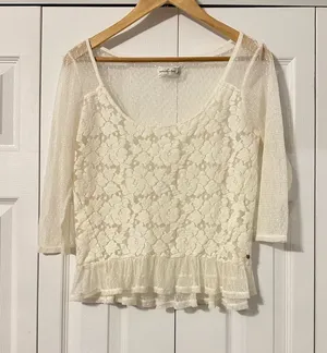 Abercrombie & Fitch Cream Lace Peplum Blouse, Large thumbnail 1