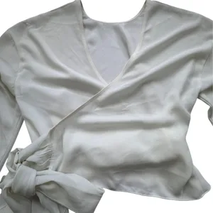 Wilfred Aritzia White Wrap Blouse Womens S Silk Trim Balloon Sleeve Cropped Top thumbnail 4