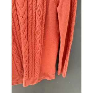 LL Bean Womens Medium Coral Orange Cable Knit 100% Cotton Sweater Fisherman thumbnail 4