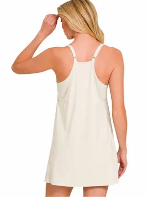 Zenana Romper Dress Built In Shorts Adjustable Straps Bone Medium thumbnail 2