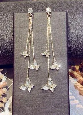 Gold Butterfly Crystal Long Tassel Dangle Drop Earrings for Women thumbnail 1