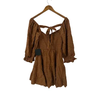 Lulus Charming Afternoon Tan Gingham Balloon Sleeve Mini Dress size M NWT thumbnail 5