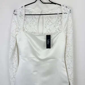 Lulus Prettiest Behavior White Satin Lace Long Sleeve Mini Dress Medium NWT thumbnail 6
