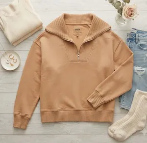 Aerie Oversized Quarter Zip Sweatshirt Tan‎ Ribbed Trim Pullover XS thumbnail 1