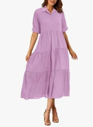 NEW Short Sleeve Button Up Ruffle A Line Flowy Maxi Dress L thumbnail 3