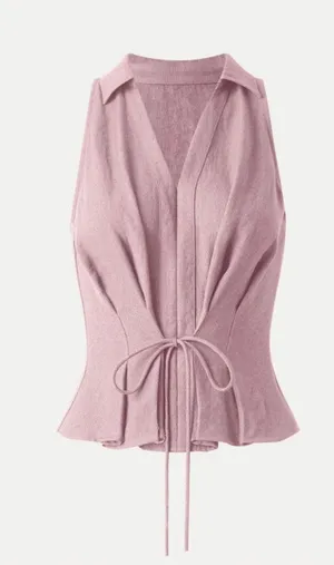 OGL Move Dusty Rose Size M Viscose Linen Collared V-Neck Drawstring Top NWT thumbnail 1