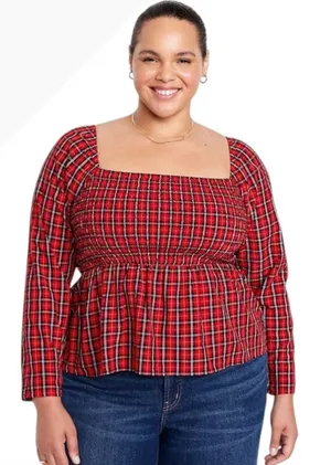 Old Navy Smocked Peplum Top Women 4X Red Tartan Plaid Square Neck Holiday Preppy thumbnail 1