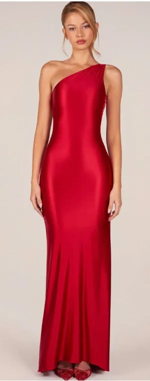 Oh Polly Adelina Asymmetric Tie Back Maxi Gown Dress in Cherry Red Size M New thumbnail 1