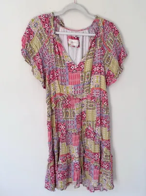 Anthropologie Robin Tiered Ruffle V-Neck Mini Dress Colorful Patchwork Print thumbnail 2