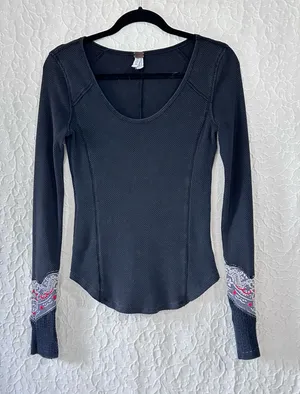 Free People Shirt Soft Thermal Top Waffle Size Medium Boho Western Cowgirl core thumbnail 1