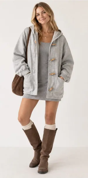 Cheetah Gray Hooded Toggle Duffle Sweatshirt Jacket Retro 90s thumbnail 1