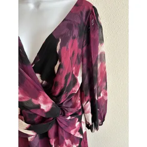DKNY Size 8 Abstract Floral Balloon Sleeve Faux Wrap Dress - Magenta &‎ Plum thumbnail 5