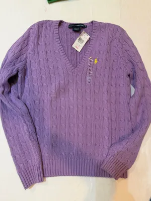 NWT Ralph Lauren Sport Lavender Cable Knit V-Neck Sweater XL Pony Logo thumbnail 2