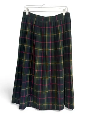 Vintage Pleated Midi Skirt by Leslie Fay Sportswear Dark Green Plaid Sz 14 P thumbnail 1