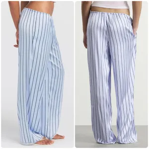SKIMS Woven Shine Sleep Lace Pants Blue Pinstripe Satin Lounge Pajama Bottoms XS thumbnail 2