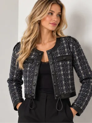 White House Black Market Black Tweed Style Cropped Leather Trim Jacket Large thumbnail 1