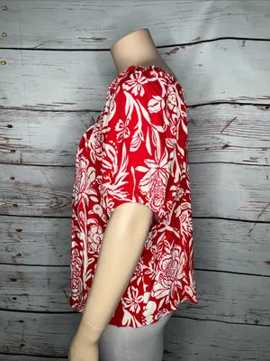 Knox Rose Size XXL Red & Off White Floral Print Off the Shoulder Blouse Top thumbnail 3