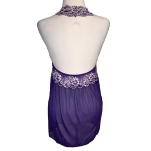 Babydoll Sheer Halter Slip Dress Women L Purple Floral Lace Festival‎ Romantic thumbnail 3