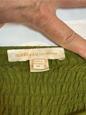 Monteau Los Angeles M Olive Green Puff Sleeve Midi Dress Cottagecore Boho Brunch thumbnail 9