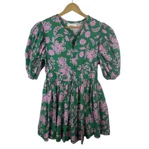Xirena Aurie Mini Dress Large‎ Green Pink Floral Cotton Puff Sleeve Cottage Boho thumbnail 2