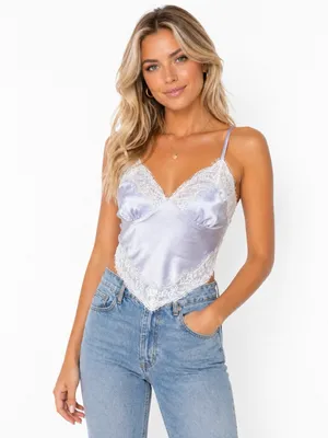 Forever 21 Y2K Inspired Satin Lace Cami Handkerchief Hem Lavender Top XS S thumbnail 1