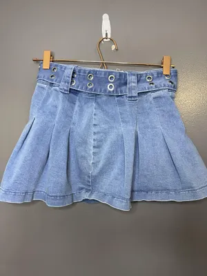 Sugar Thrillz Skirt Womens Small Blue Denim Stretch Pleated Mini Belted Grommet thumbnail 3
