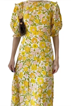 Faithfull The Brand Jean-Marie Yellow Floral Midi Dress Size 6/M thumbnail 1