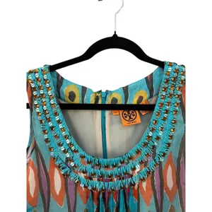 Tory Burch Embellished‎ Beaded Silk Tribal Print Sleeveless Top Blouse Size 6 thumbnail 3